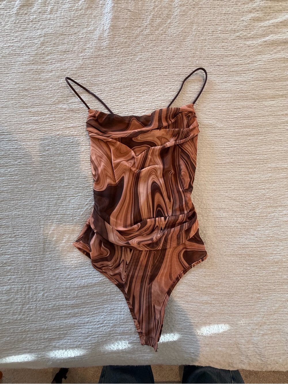 12th Tribe Brown Marble-Print Strappy Cami Bodysuit